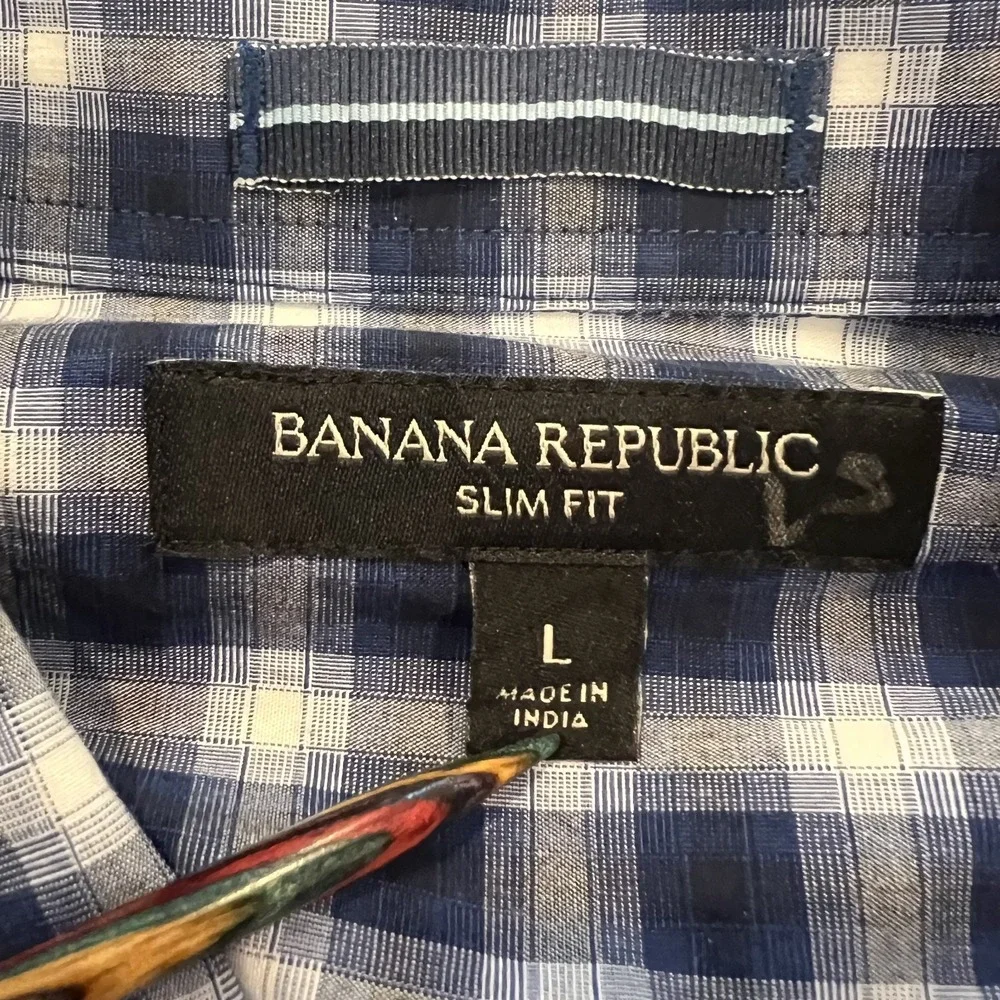 BANANA REPUBLIC Mens Blue Plaid Button Up Shirt L Slim Fit Pearl Buttons Pocket‎